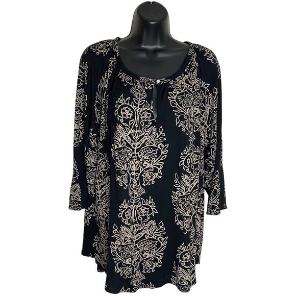 Lucky Brand Top Womens 2X Black Tunic Keyhole 3/4 Sleeve Peasant Stretch Boho - Picture 1 of 16